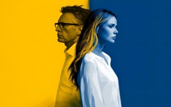A man and woman stand back to back, divided by a yellow and blue background. The man is on the yellow side facing left, while the woman is on the blue side facing right. Both appear serious and contemplative.
