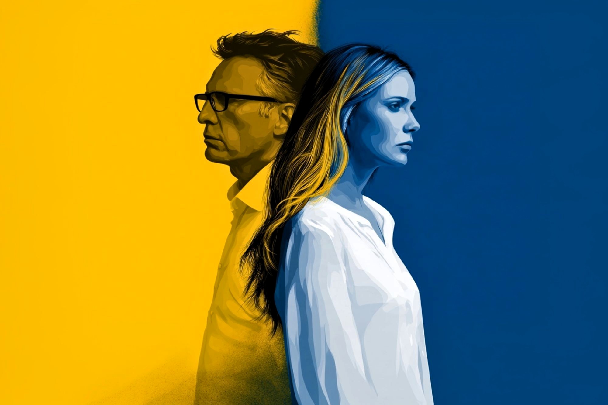 A man and woman stand back to back, divided by a yellow and blue background. The man is on the yellow side facing left, while the woman is on the blue side facing right. Both appear serious and contemplative.