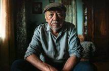 An elderly man with a gray beard and cap sits indoors, gazing seriously at the camera. Warm light from a window softly lights his face, and he wears a gray shirt. The background shows a room with curtains and wooden furniture.