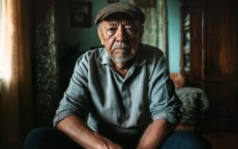 An elderly man with a gray beard and cap sits indoors, gazing seriously at the camera. Warm light from a window softly lights his face, and he wears a gray shirt. The background shows a room with curtains and wooden furniture.