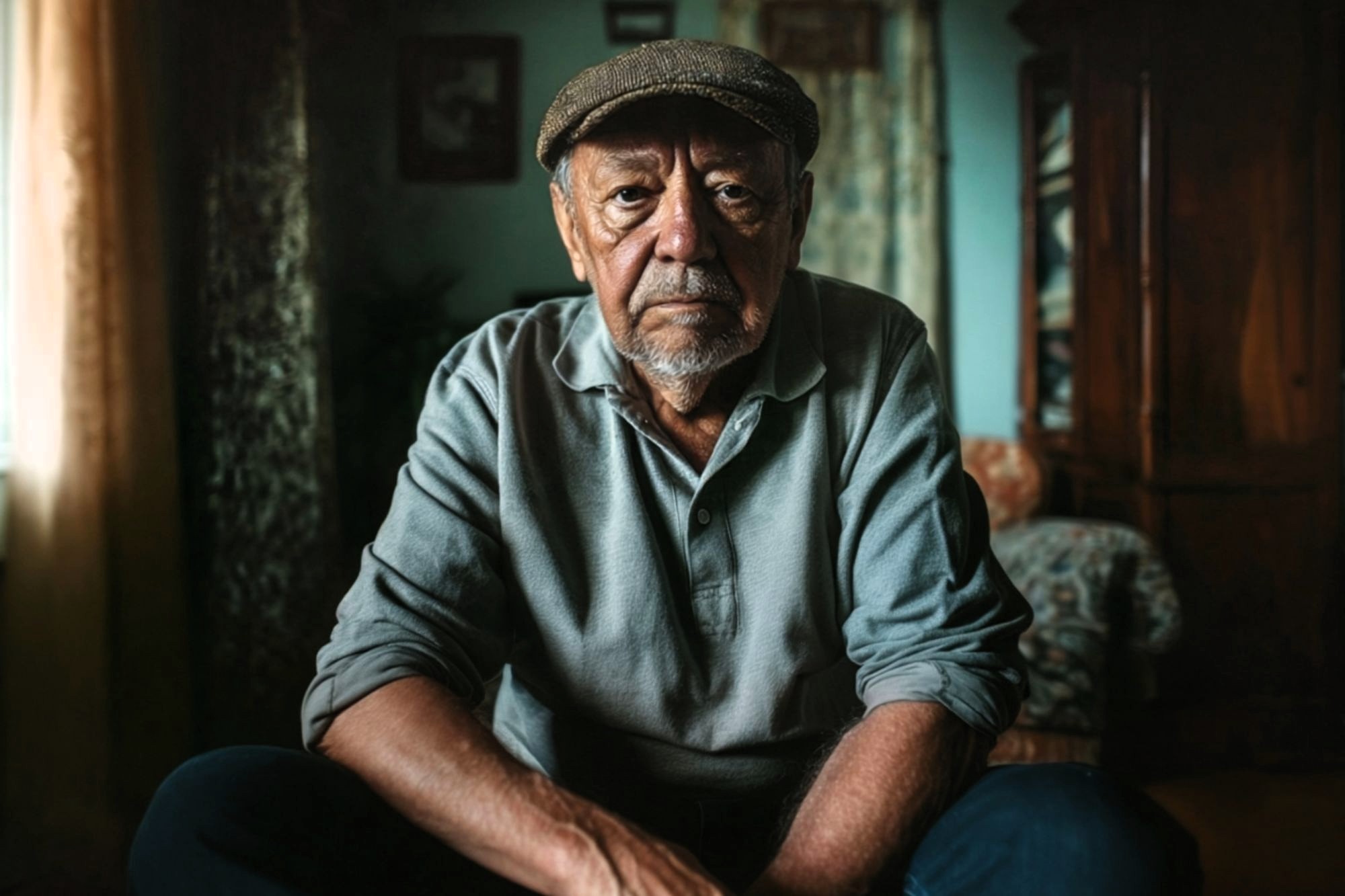 An elderly man with a gray beard and cap sits indoors, gazing seriously at the camera. Warm light from a window softly lights his face, and he wears a gray shirt. The background shows a room with curtains and wooden furniture.