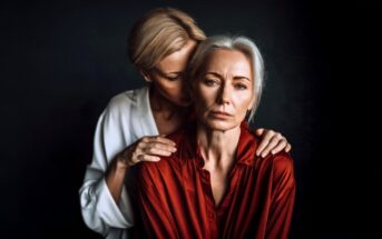 Two women stand close together against a dark background. One woman in a white shirt has her hands on the shoulders of the other woman, who wears a red blouse and looks into the camera with a serious expression.