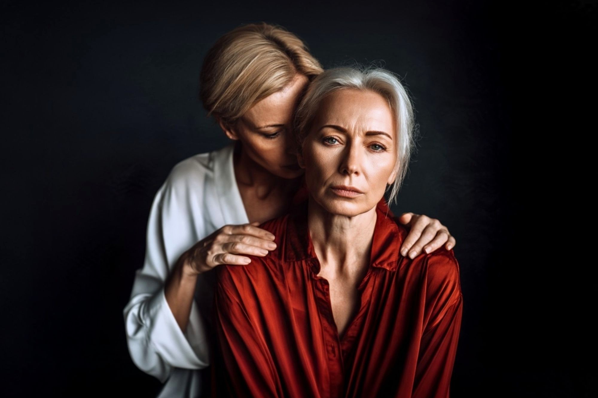 Two women stand close together against a dark background. One woman in a white shirt has her hands on the shoulders of the other woman, who wears a red blouse and looks into the camera with a serious expression.
