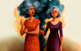 Two women with blue hair, one angry and one sad, stand together. Dark smoke rises between them, suggesting tension or conflict. Both wear dresses; the left woman’s dress is orange, the right woman’s is purple.