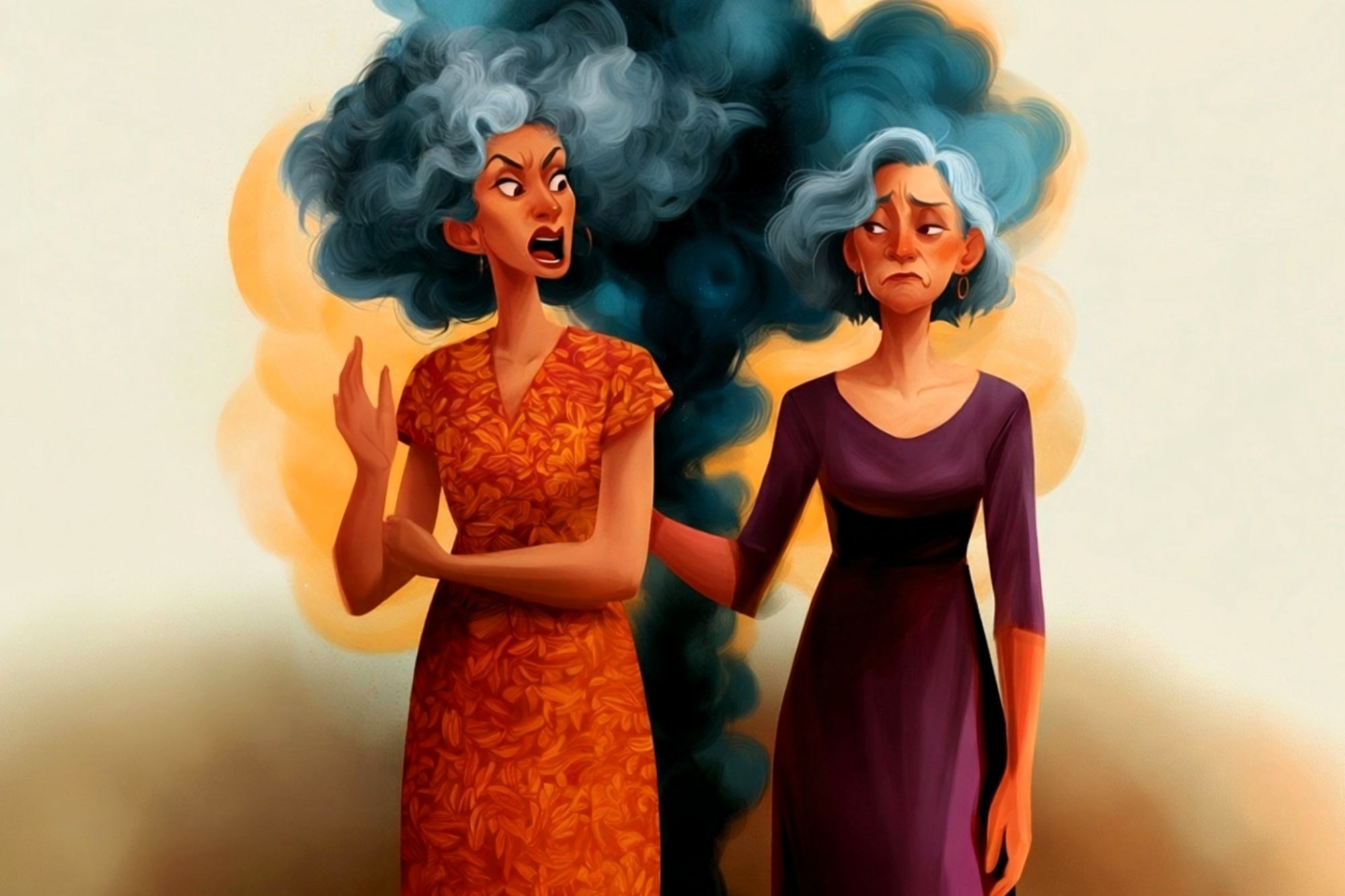 Two women with blue hair, one angry and one sad, stand together. Dark smoke rises between them, suggesting tension or conflict. Both wear dresses; the left woman’s dress is orange, the right woman’s is purple.
