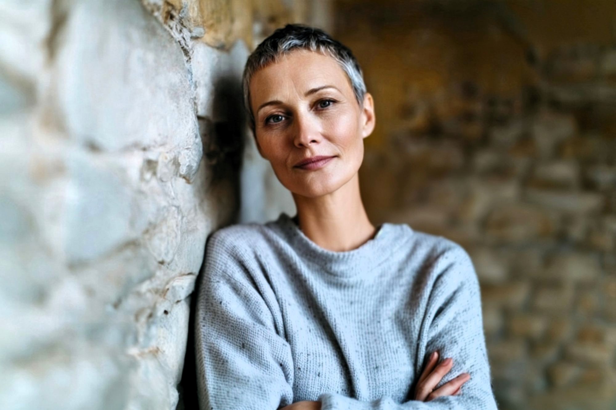 A person with short gray hair and a gray sweater stands with arms crossed, leaning against a stone wall, looking calmly at the camera.