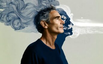A man in profile stands against a backdrop that merges his silhouette with swirling abstract lines and a sky, symbolizing imagination or introspection.
