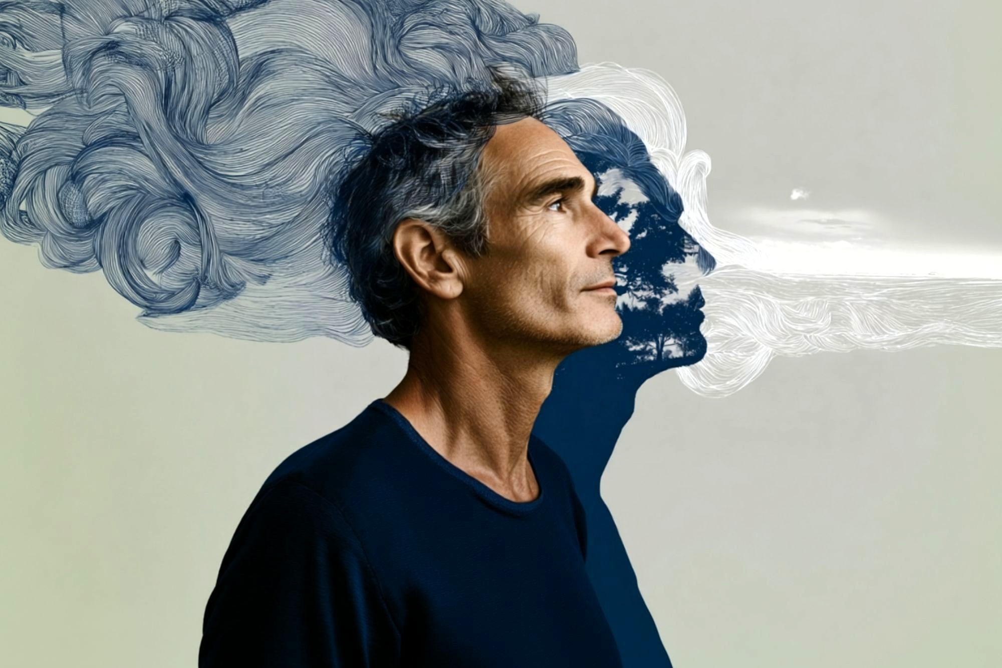 A man in profile stands against a backdrop that merges his silhouette with swirling abstract lines and a sky, symbolizing imagination or introspection.