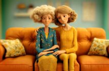 Two women with sad expressions sit close together on an orange couch. One has curly gray hair and wears a blue dress, while the other has blonde hair and a yellow sweater. The younger woman comforts the older one.