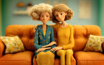Two women with sad expressions sit close together on an orange couch. One has curly gray hair and wears a blue dress, while the other has blonde hair and a yellow sweater. The younger woman comforts the older one.