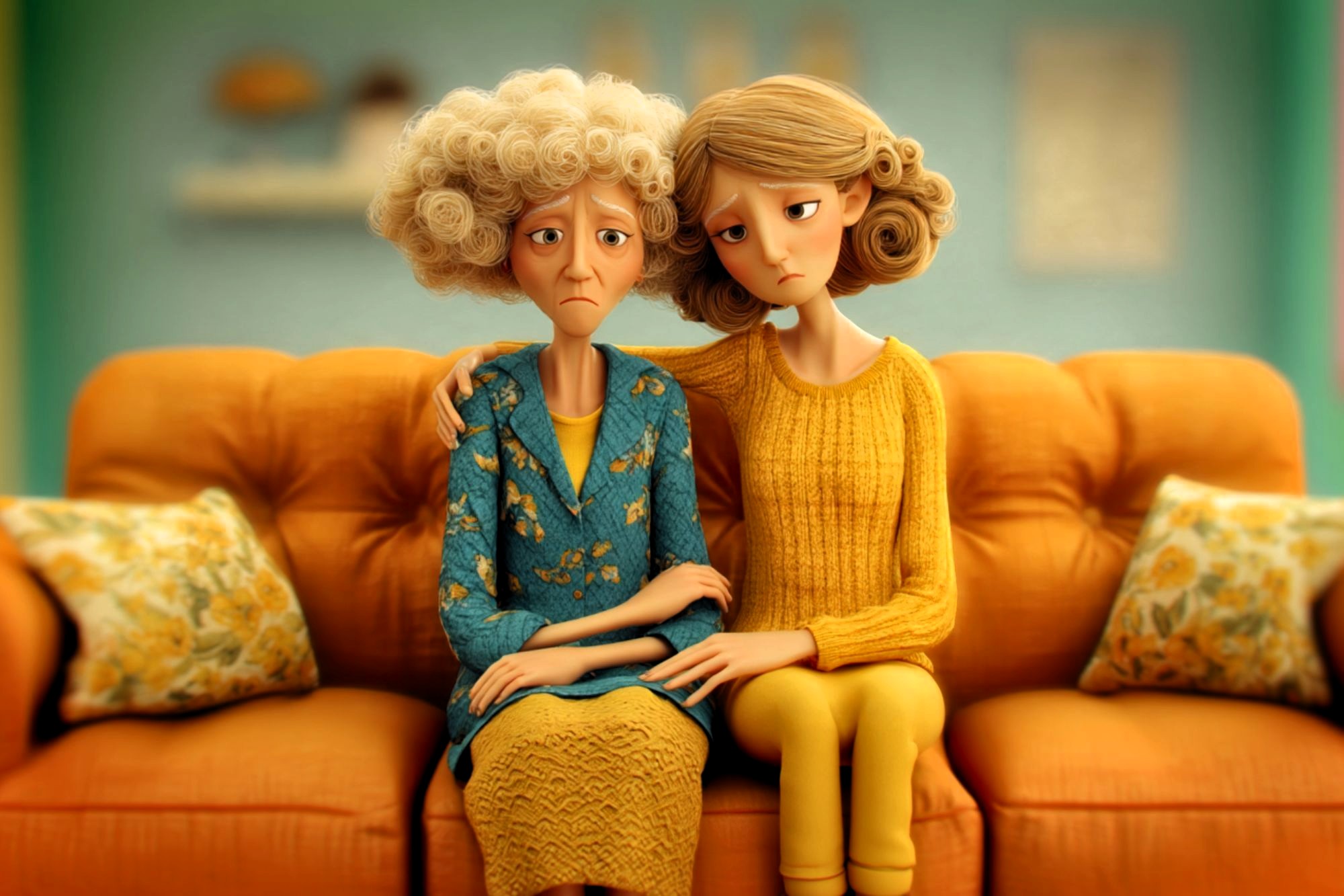 Two women with sad expressions sit close together on an orange couch. One has curly gray hair and wears a blue dress, while the other has blonde hair and a yellow sweater. The younger woman comforts the older one.