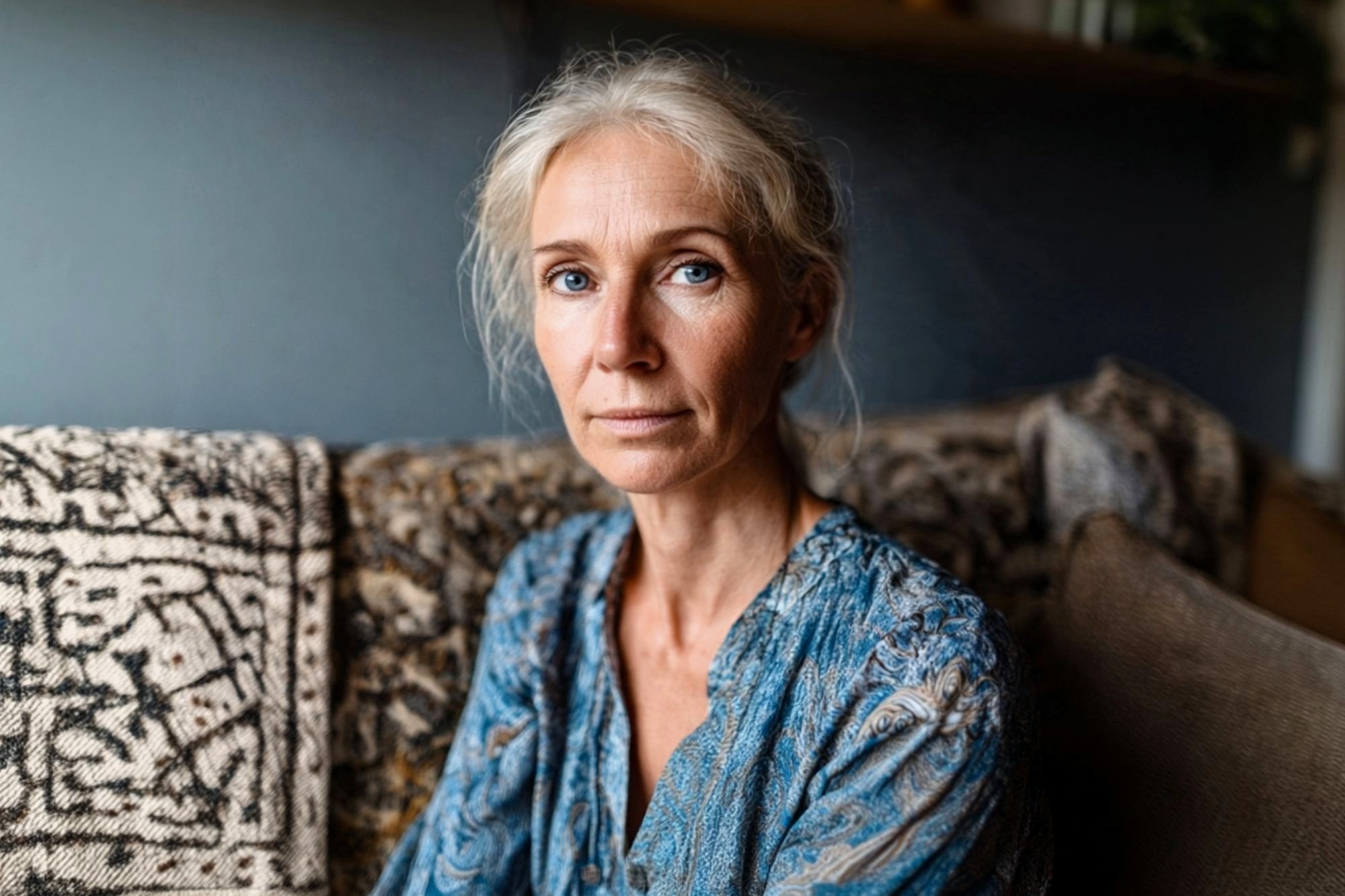 A woman with light hair and blue eyes sits on a patterned sofa, wearing a blue patterned blouse, looking calmly at the camera in a softly lit room.