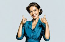 A smiling woman with short brown hair in a blue dress gives two thumbs up against a light background.
