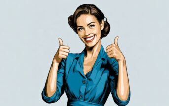 A smiling woman with short brown hair in a blue dress gives two thumbs up against a light background.
