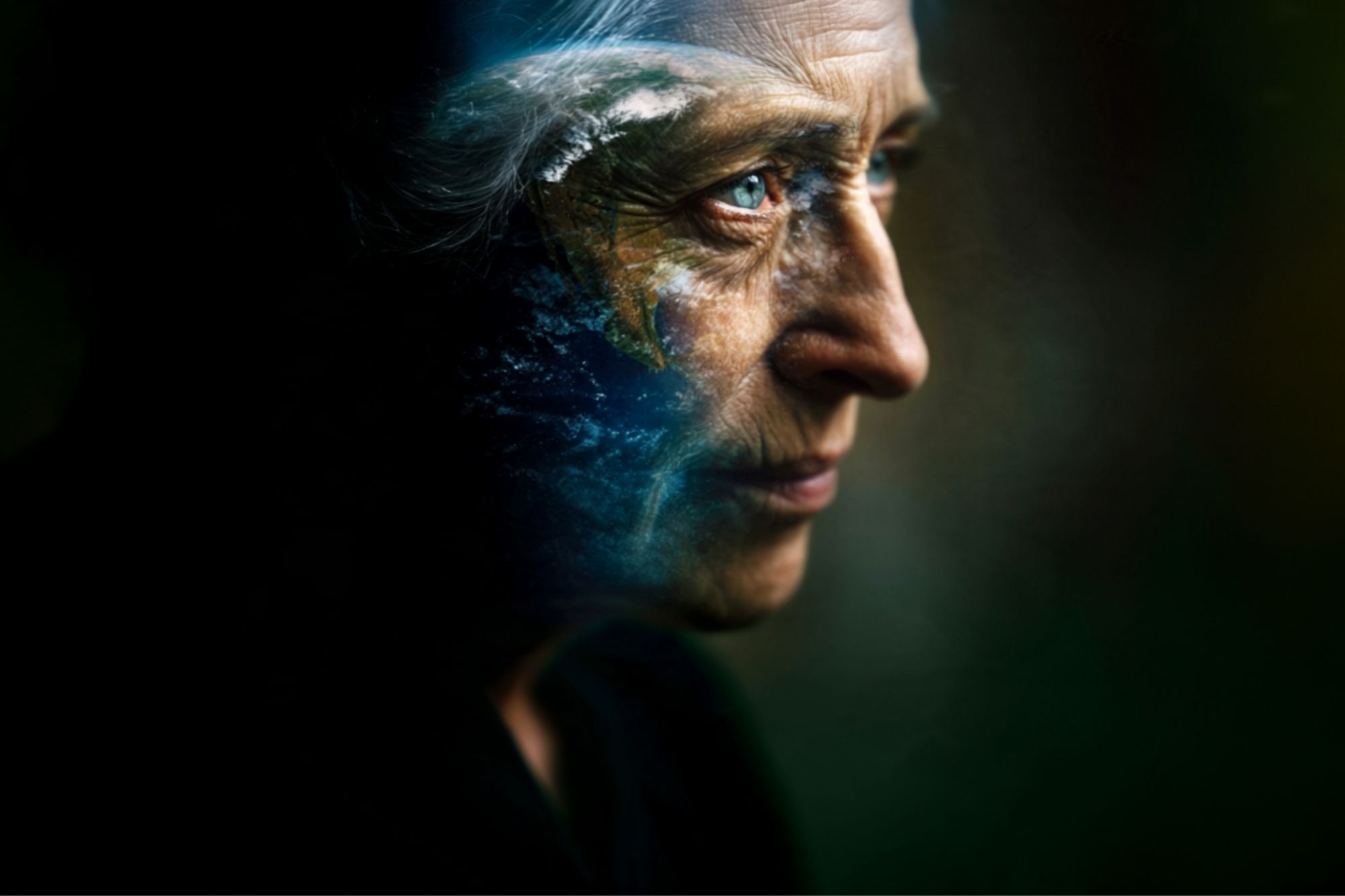 An elderly person’s face in profile, partly blended with an image of Earth, symbolizing deep thought and environmental connection.