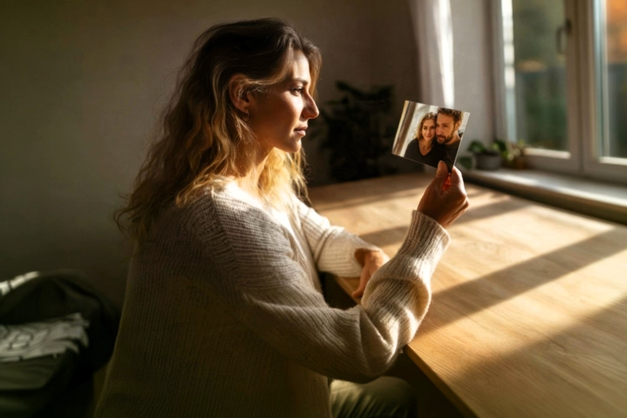 A woman in a white sweater sits at a wooden table by a window, holding and looking thoughtfully at a small photo of two people smiling together. Sunlight streams in, creating a warm, reflective atmosphere.