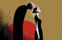 A tall, shadowy figure looms over a woman in a black dress. The scene features a red circle and sparse, delicate flowers against a plain tan background, creating a surreal, dramatic mood.