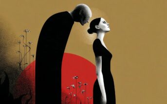 A tall, shadowy figure looms over a woman in a black dress. The scene features a red circle and sparse, delicate flowers against a plain tan background, creating a surreal, dramatic mood.