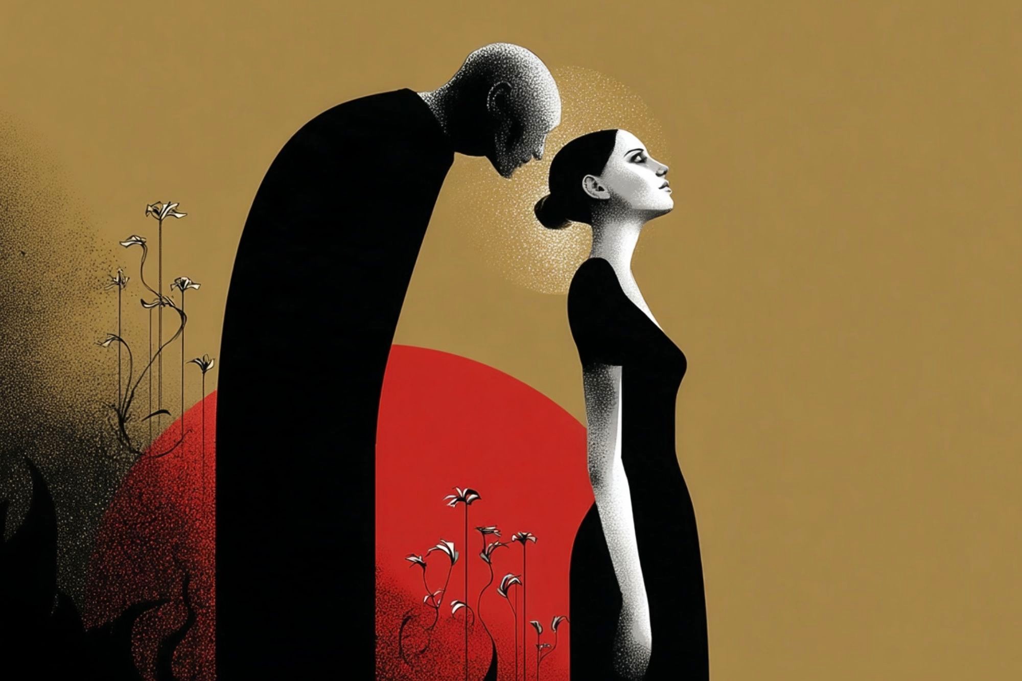 A tall, shadowy figure looms over a woman in a black dress. The scene features a red circle and sparse, delicate flowers against a plain tan background, creating a surreal, dramatic mood.
