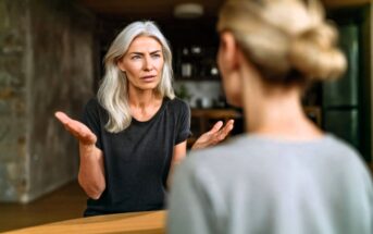 A woman with gray hair looks concerned and gestures with her hands while talking to another woman, who is seen from behind. They are indoors, sitting at a table.