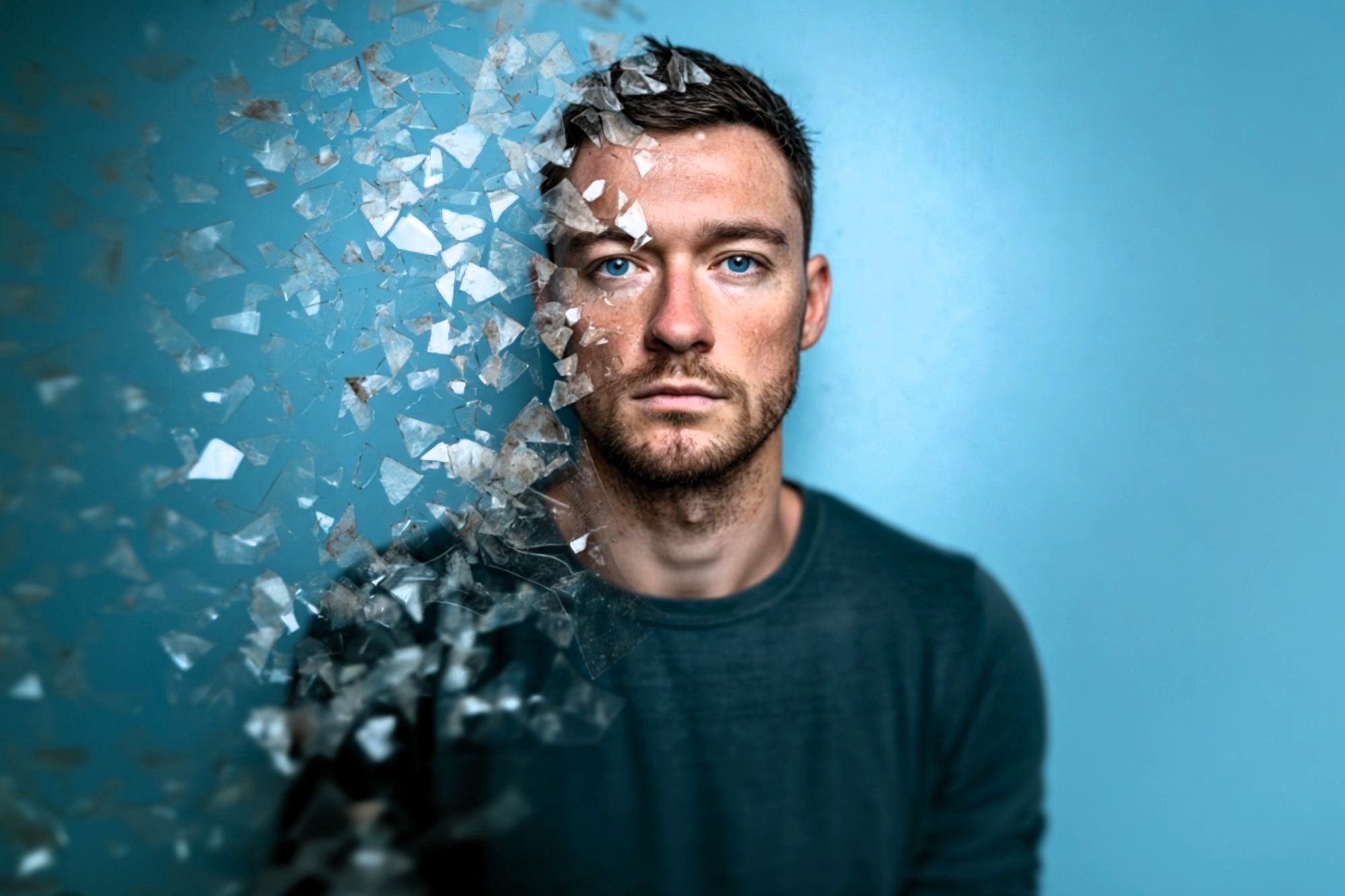A man with short hair and a beard stares ahead against a blue background, with the left side of his face and body dissolving into shattered glass-like fragments, giving a surreal, disappearing effect.