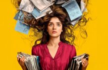 A woman in a red blouse looks stressed, holding piles of paperwork, with more papers swirling around her head against a bright yellow background.