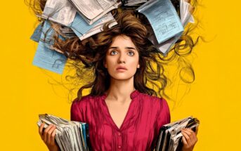 A woman in a red blouse looks stressed, holding piles of paperwork, with more papers swirling around her head against a bright yellow background.