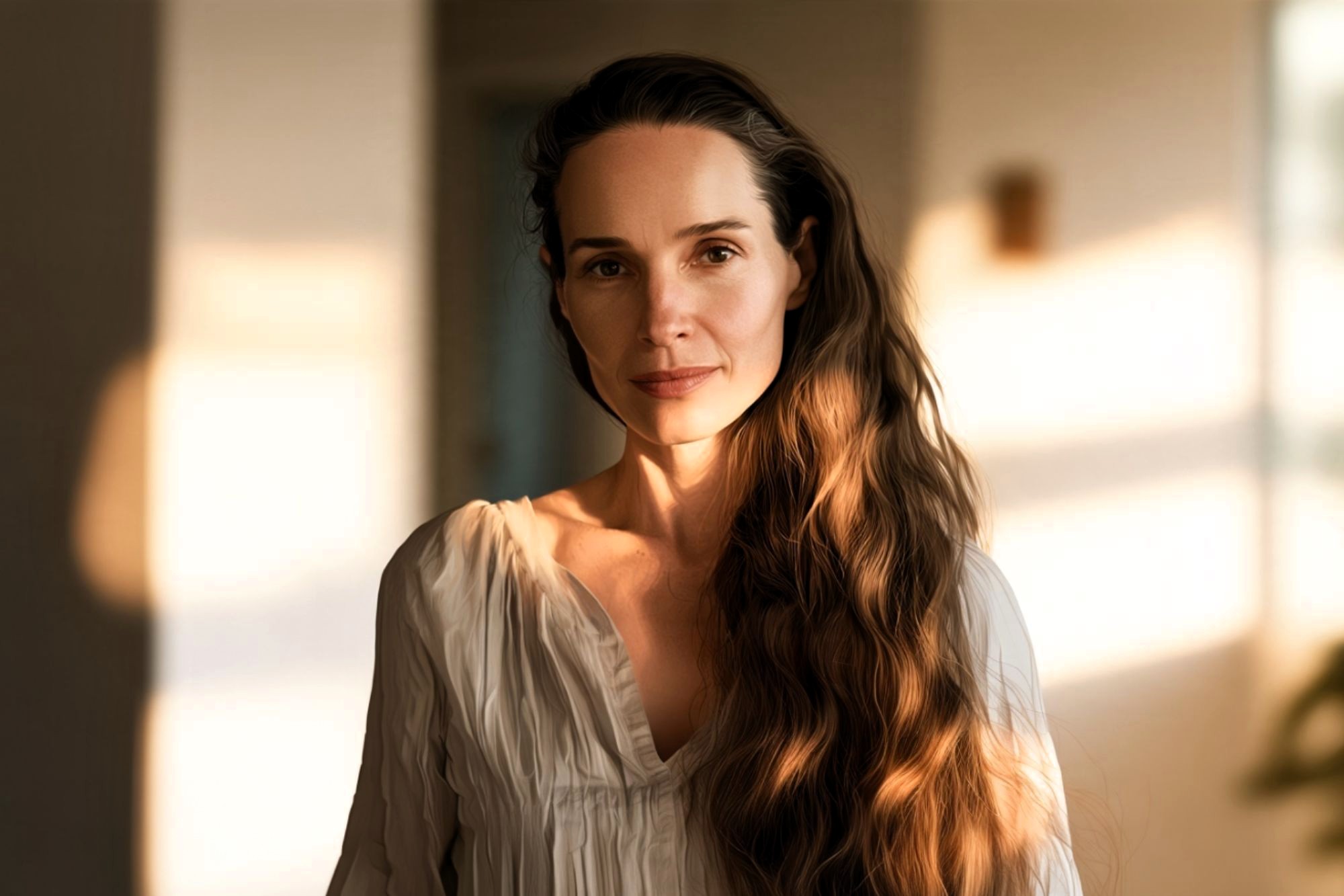 A woman with long wavy brown hair and a white blouse stands indoors, softly lit by natural light, with a calm expression and a blurred background.