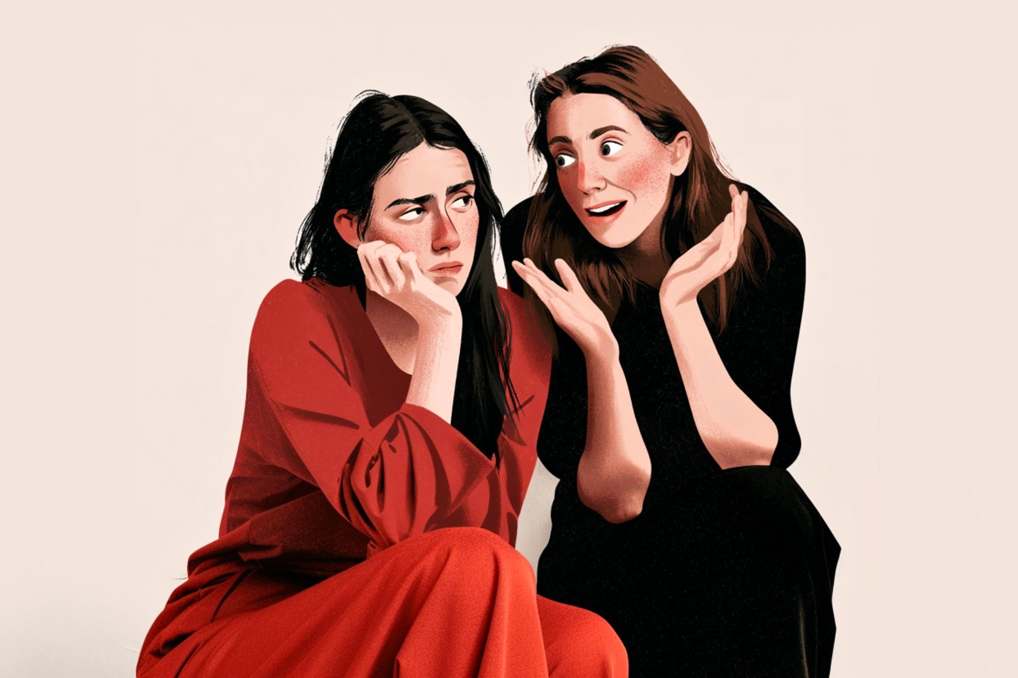 Two women sit together. One looks bored and rests her chin on her hand, wearing red. The other, in black, gestures energetically and smiles, appearing excited or enthusiastic. The background is plain and neutral.