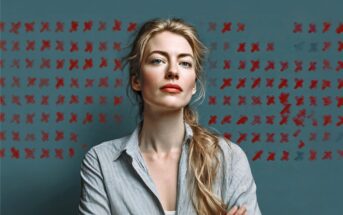 A woman with blonde hair stands confidently in front of a blue wall covered with rows of red X marks. She is wearing a light blue shirt and has her arms crossed.
