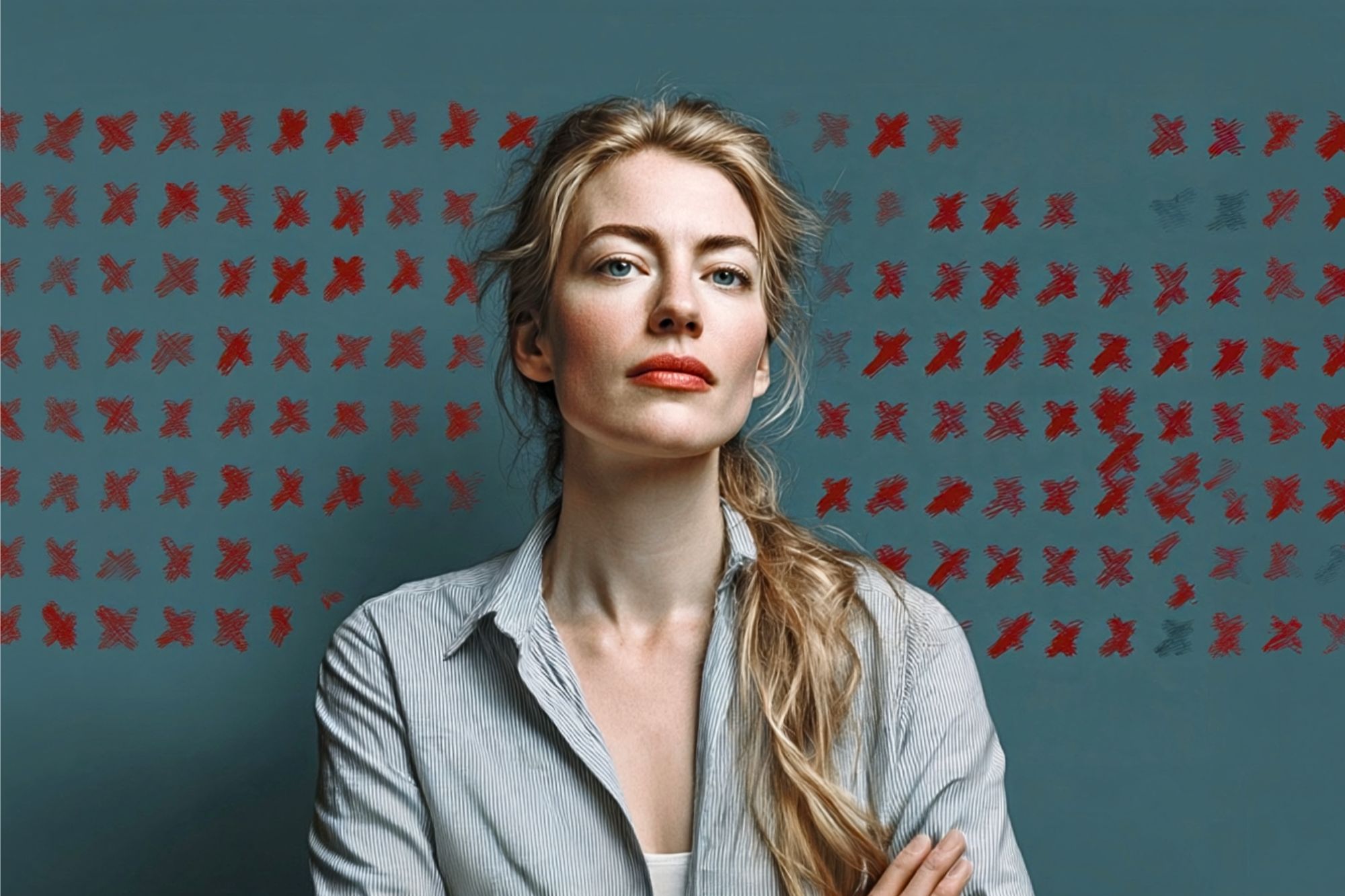 A woman with blonde hair stands confidently in front of a blue wall covered with rows of red X marks. She is wearing a light blue shirt and has her arms crossed.
