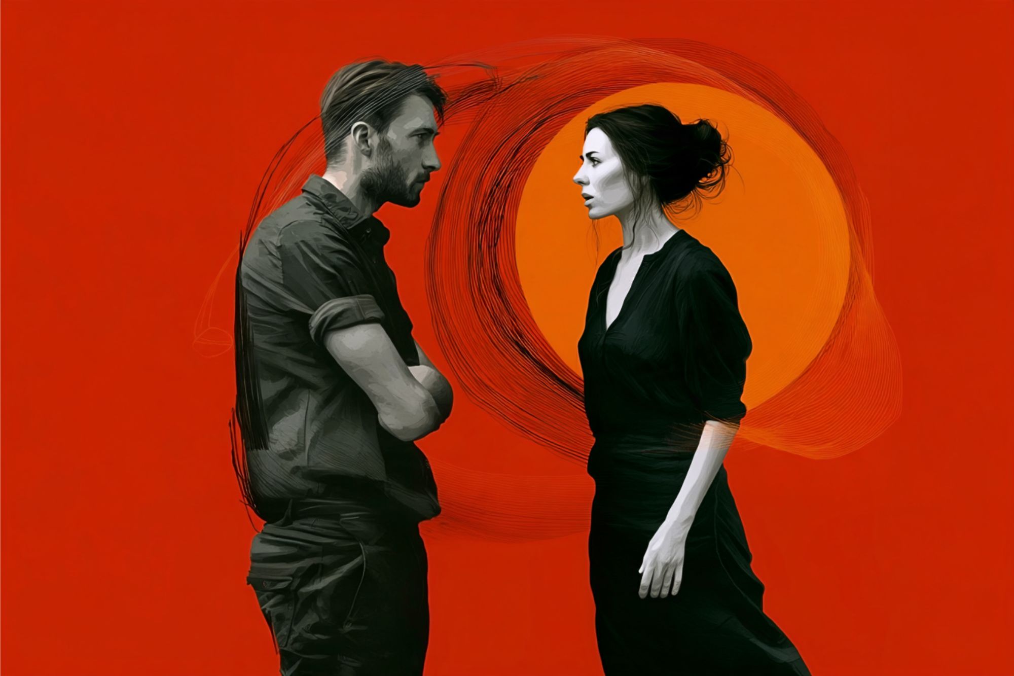 A man and woman face each other against a vivid red background with an orange circle and sketch-like swirl behind them, both dressed in dark clothing, appearing serious.