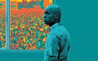 A man stands indoors near a window, looking out at a large, colorful crowd and orange-toned buildings under a vivid sky. The image uses bold, stylized colors and shading.