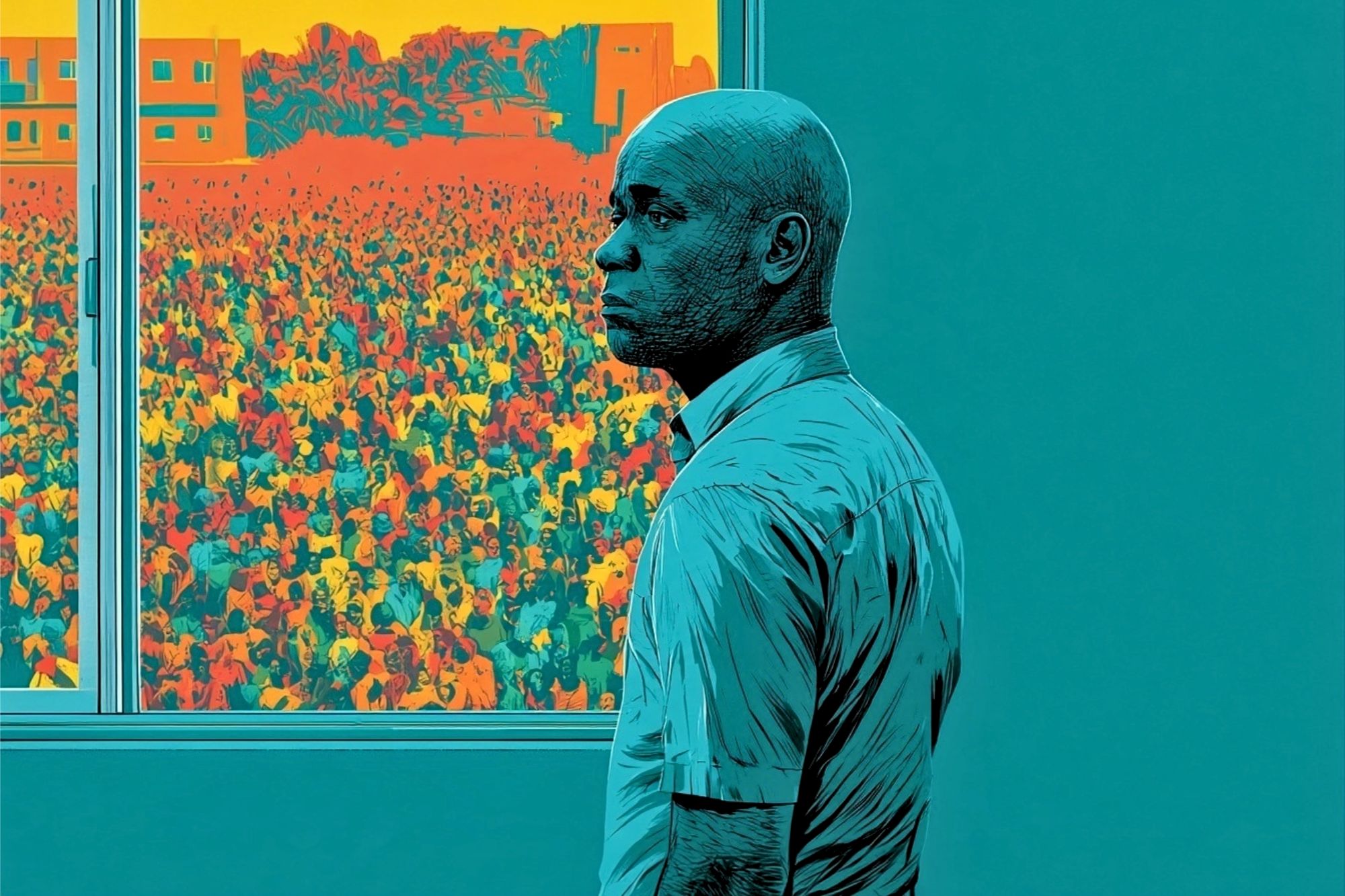 A man stands indoors near a window, looking out at a large, colorful crowd and orange-toned buildings under a vivid sky. The image uses bold, stylized colors and shading.