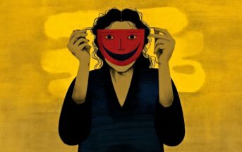A person with dark hair and clothing holds a red smiling mask over their face against a yellow background with abstract shapes.