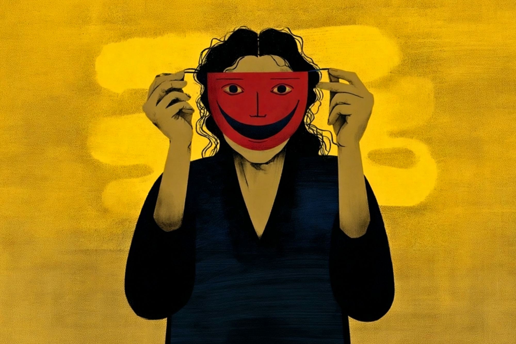 A person with dark hair and clothing holds a red smiling mask over their face against a yellow background with abstract shapes.