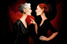 Two women in black dresses face each other intensely; one has gray hair, the other has red hair and points her finger. The background is dark with bold red and black circles, suggesting tension or confrontation.