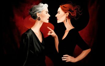 Two women in black dresses face each other intensely; one has gray hair, the other has red hair and points her finger. The background is dark with bold red and black circles, suggesting tension or confrontation.