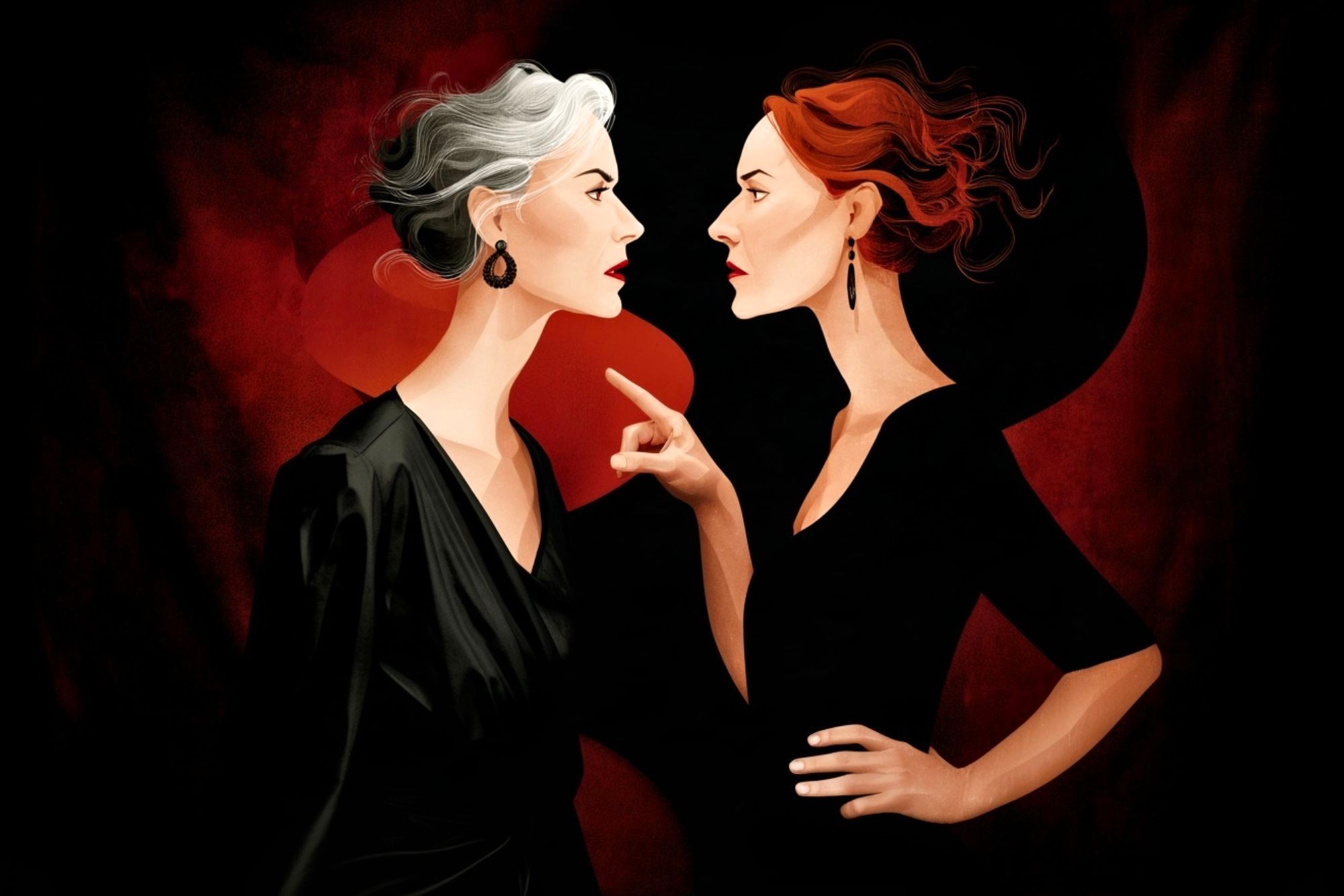 Two women in black dresses face each other intensely; one has gray hair, the other has red hair and points her finger. The background is dark with bold red and black circles, suggesting tension or confrontation.