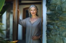An older woman with gray hair stands in a wooden doorway, smiling softly. She wears a loose, light gray dress. The background shows a stone wall and greenery outside. Natural light adds warmth to the scene.