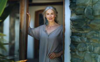 An older woman with gray hair stands in a wooden doorway, smiling softly. She wears a loose, light gray dress. The background shows a stone wall and greenery outside. Natural light adds warmth to the scene.
