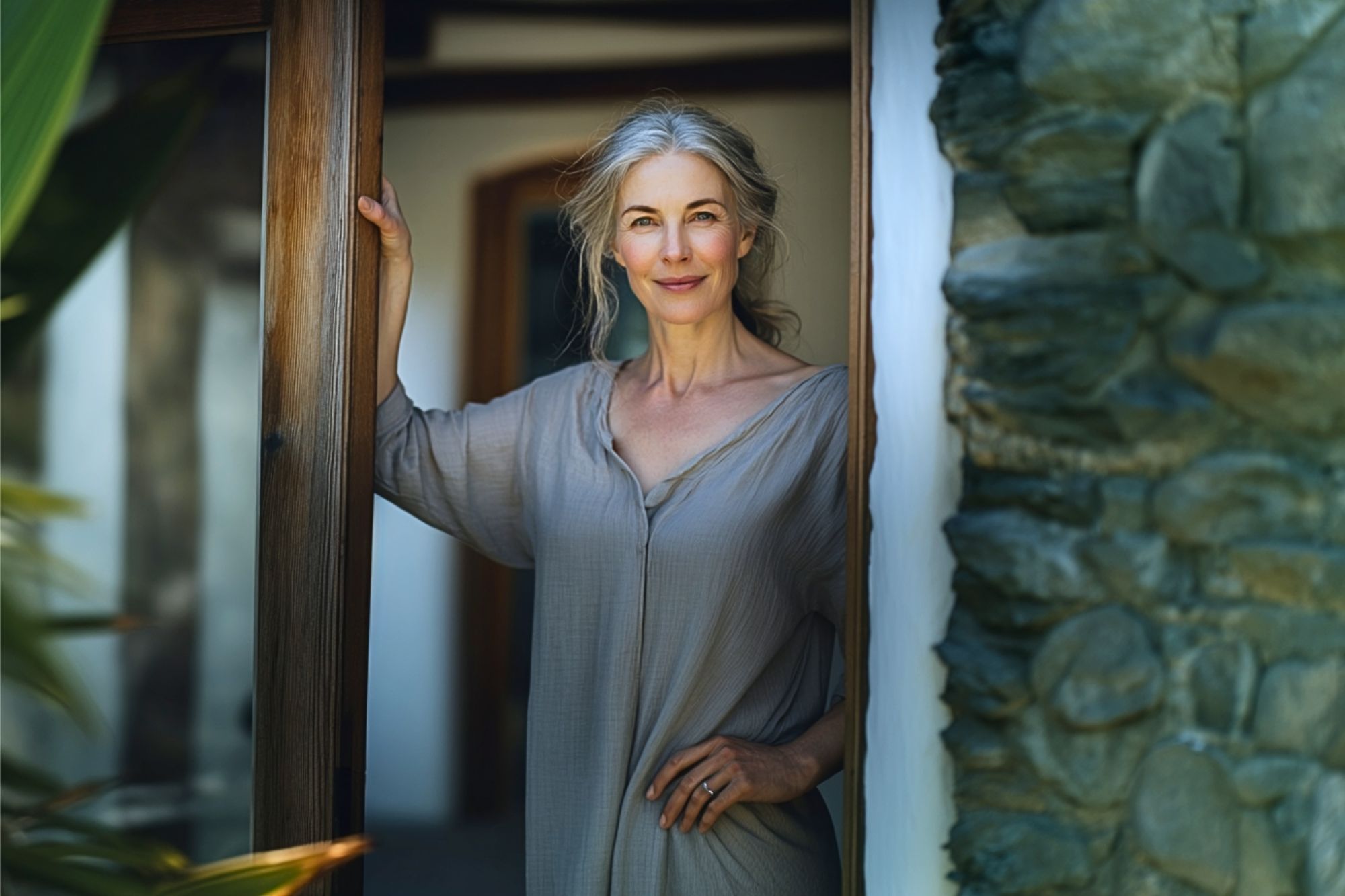 An older woman with gray hair stands in a wooden doorway, smiling softly. She wears a loose, light gray dress. The background shows a stone wall and greenery outside. Natural light adds warmth to the scene.