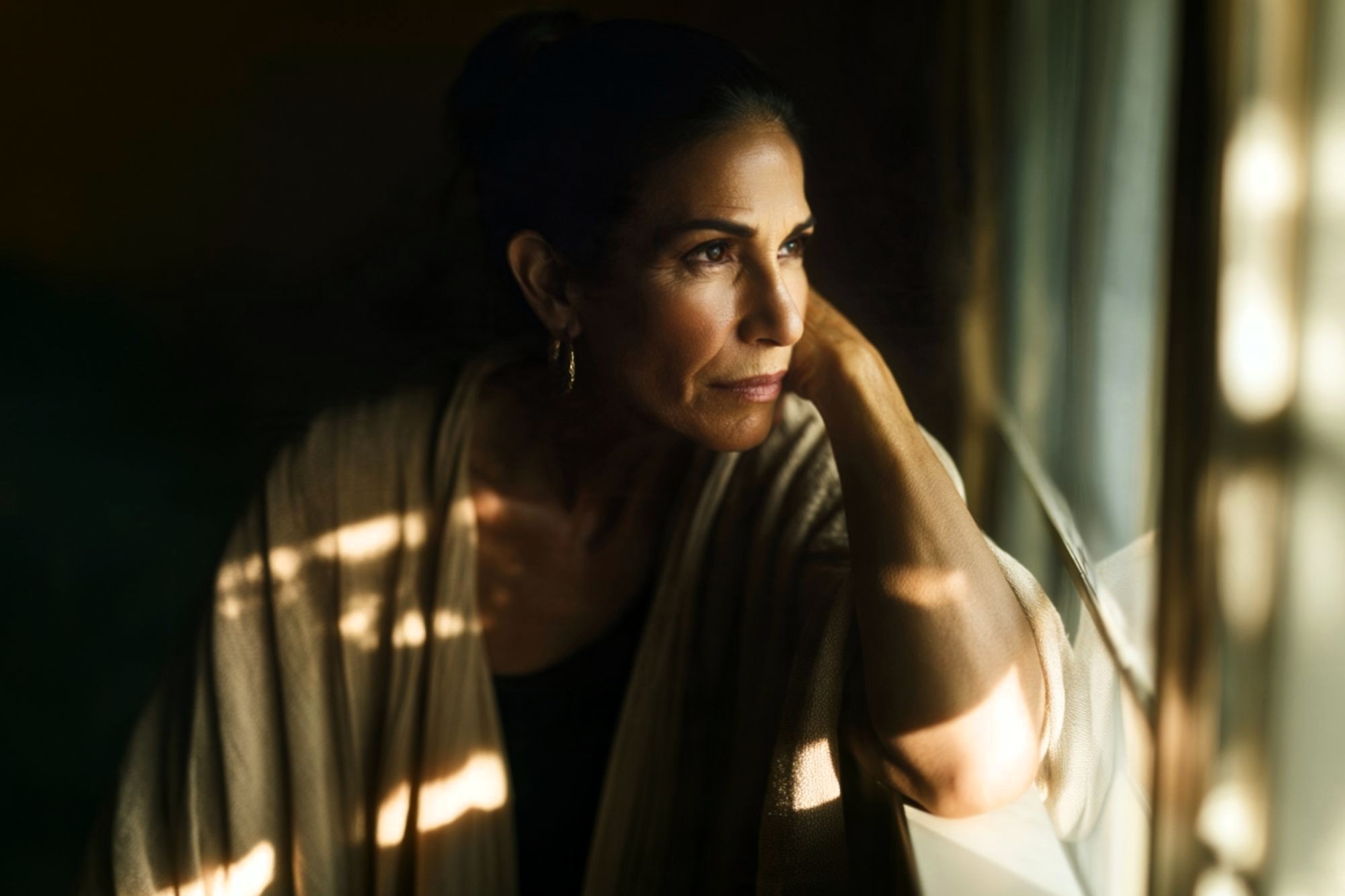 A woman with dark hair pulled back gazes thoughtfully out a window, resting her head on her hand. Soft sunlight and shadows fall across her face and beige shawl, creating a contemplative mood.