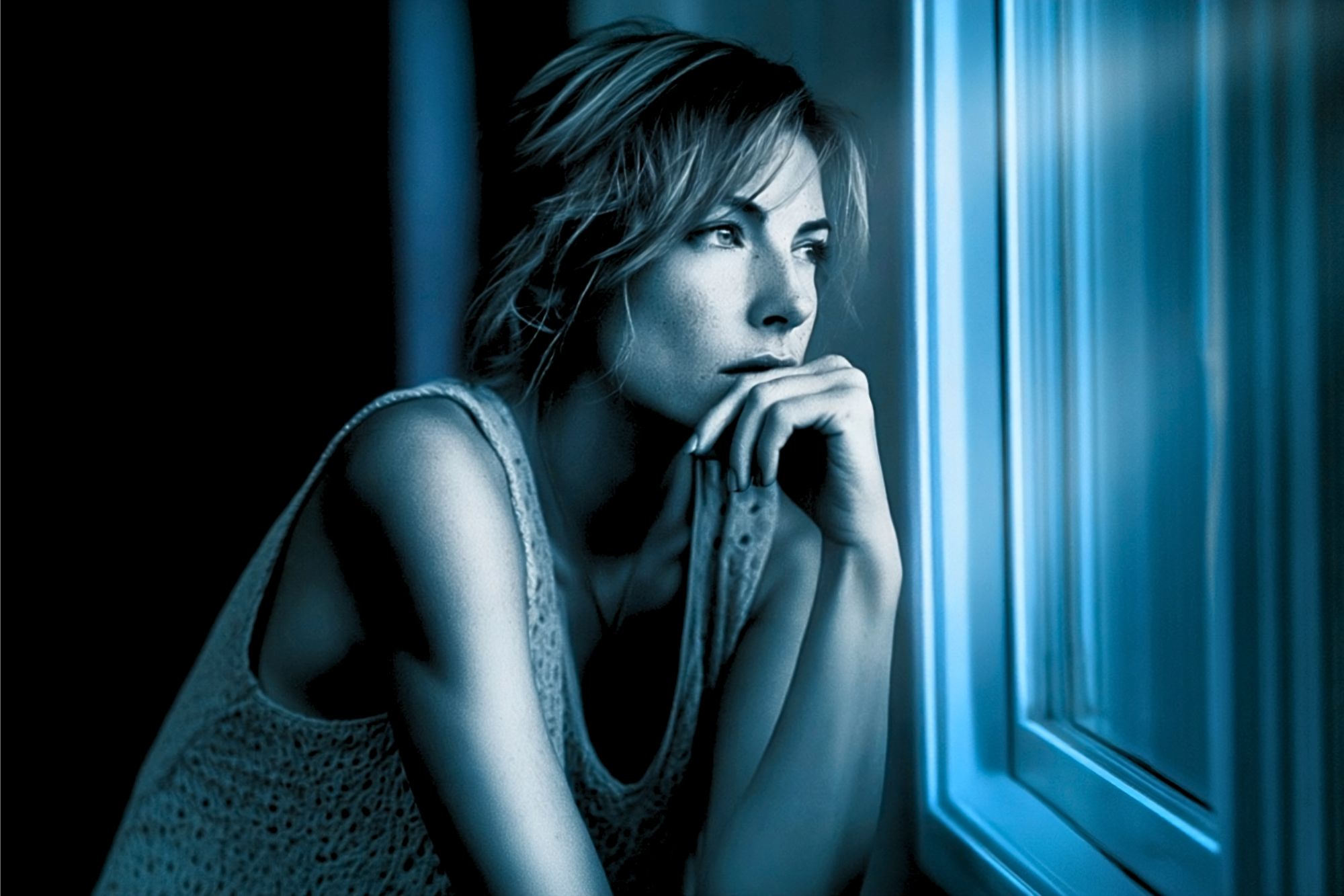 A woman with short hair gazes thoughtfully out a window at night, resting her chin on her hand. Blue lighting creates a contemplative mood.