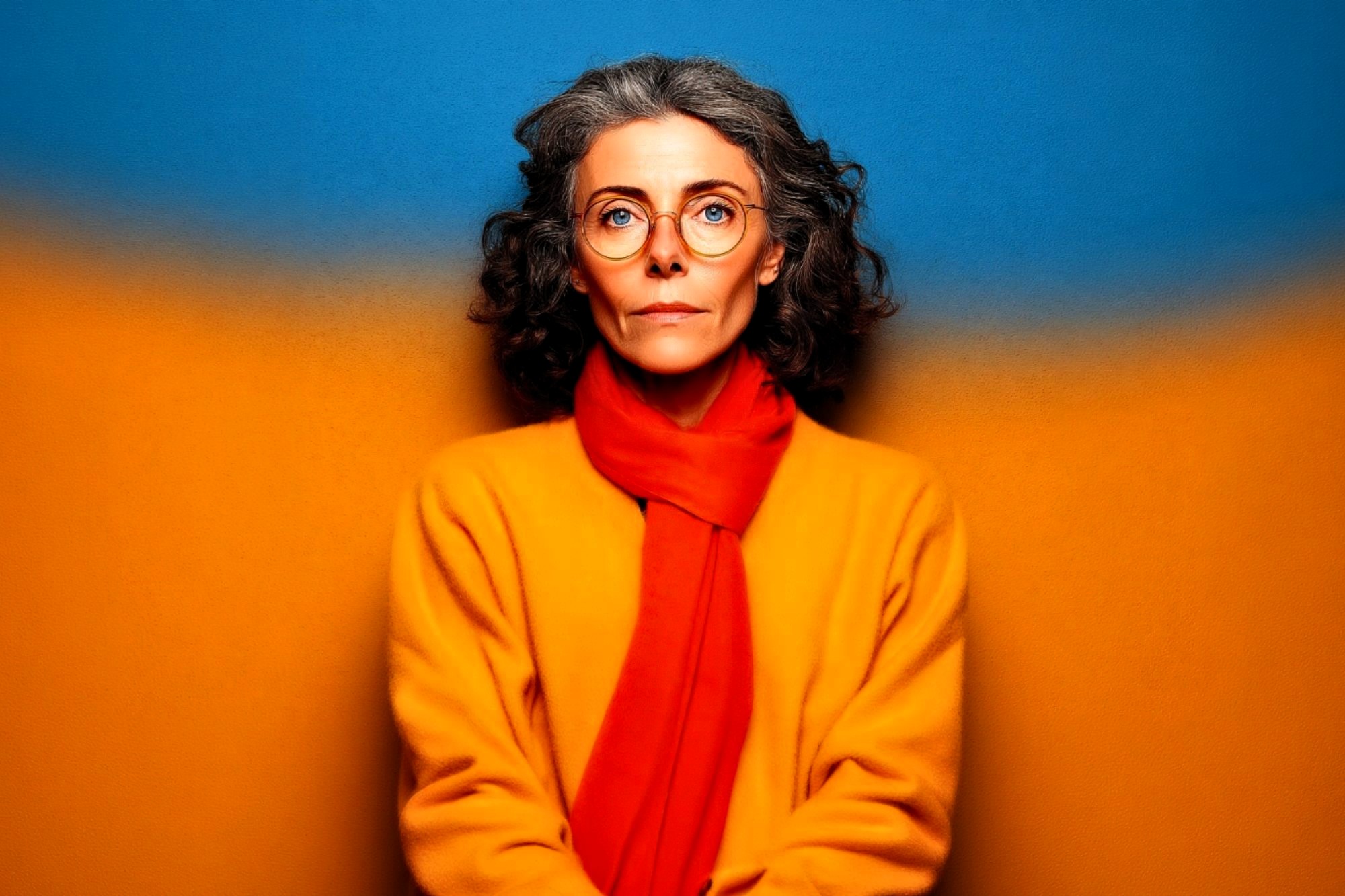 A woman with curly gray hair and glasses wears an orange coat and red scarf, standing against a blue and orange background, looking directly at the camera.