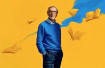 An older man in glasses and a blue sweater stands against a yellow background with floating books and a blue wavy shape behind him.