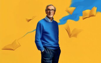 An older man in glasses and a blue sweater stands against a yellow background with floating books and a blue wavy shape behind him.