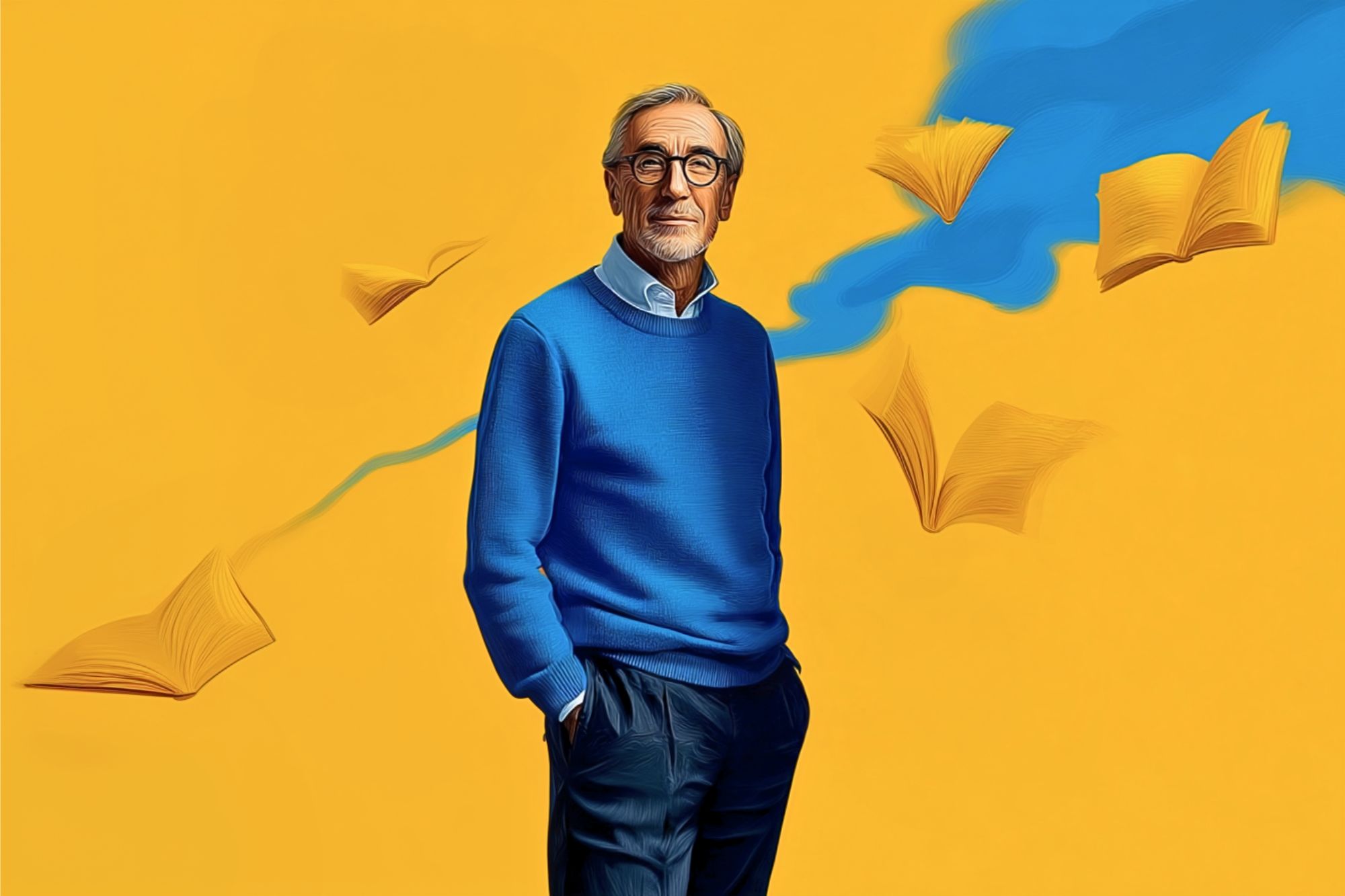 An older man in glasses and a blue sweater stands against a yellow background with floating books and a blue wavy shape behind him.