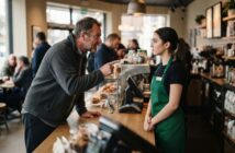 A man angrily points his finger at a calm female barista behind the counter in a busy coffee shop, with pastries and customers visible in the background.