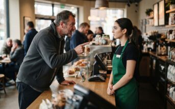 A man angrily points his finger at a calm female barista behind the counter in a busy coffee shop, with pastries and customers visible in the background.